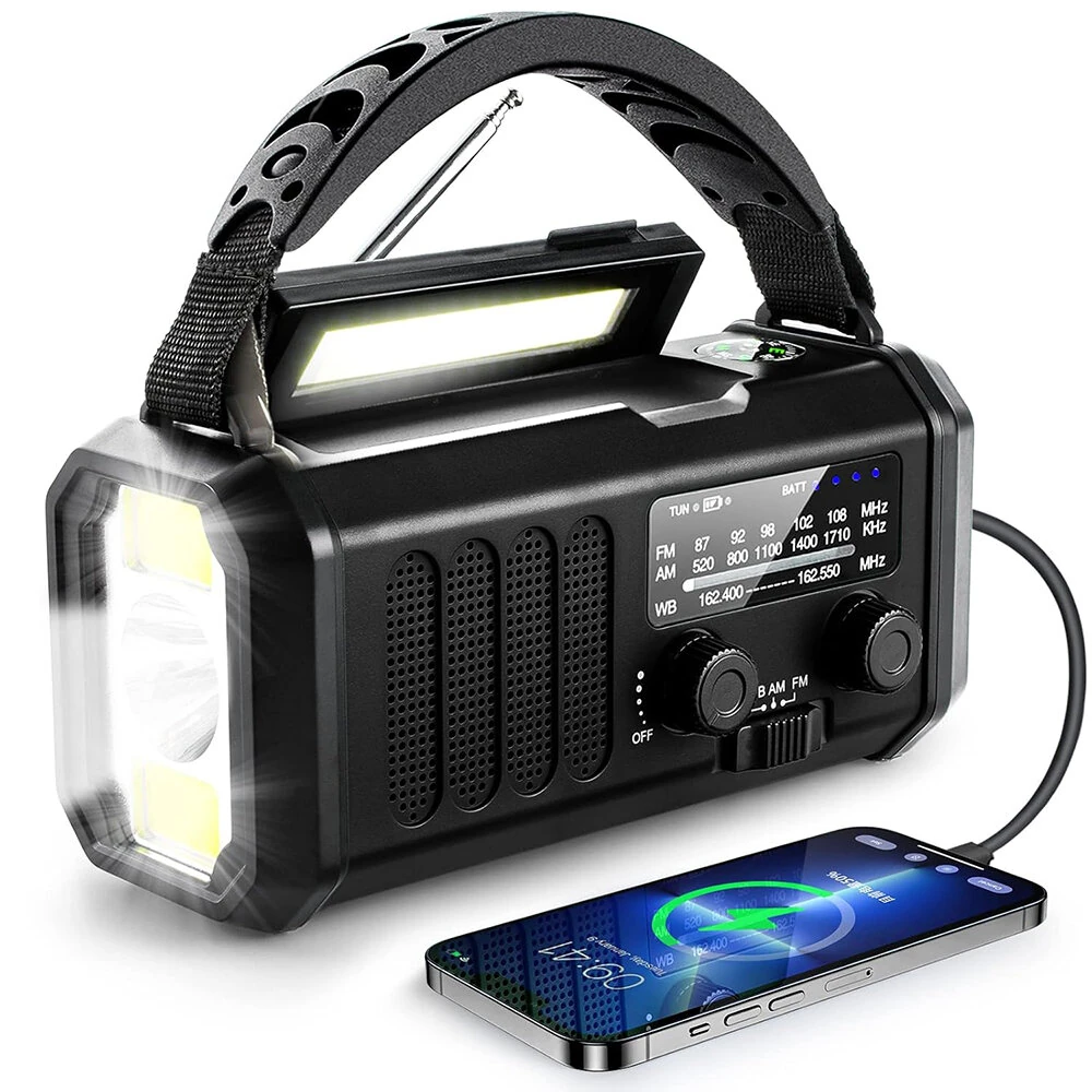 (image for) Emergency Weather Crank Radio, Portable Camping Light, 10000mAh Battery/Hand Crank/Solar Powered AM/FM Wind Up Radios, Type-C Phone Charger, Flashlight, Reading Lamp, Compass, SOS Survival Al